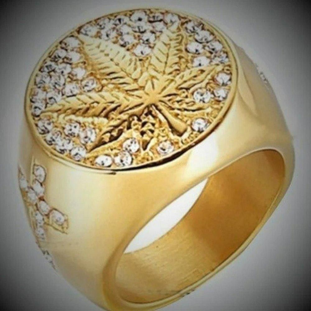 Designer Round Cross Maple Leaf Gold Signet Ring - Size 7 Size ONE SIZE - 6 Thumbnail