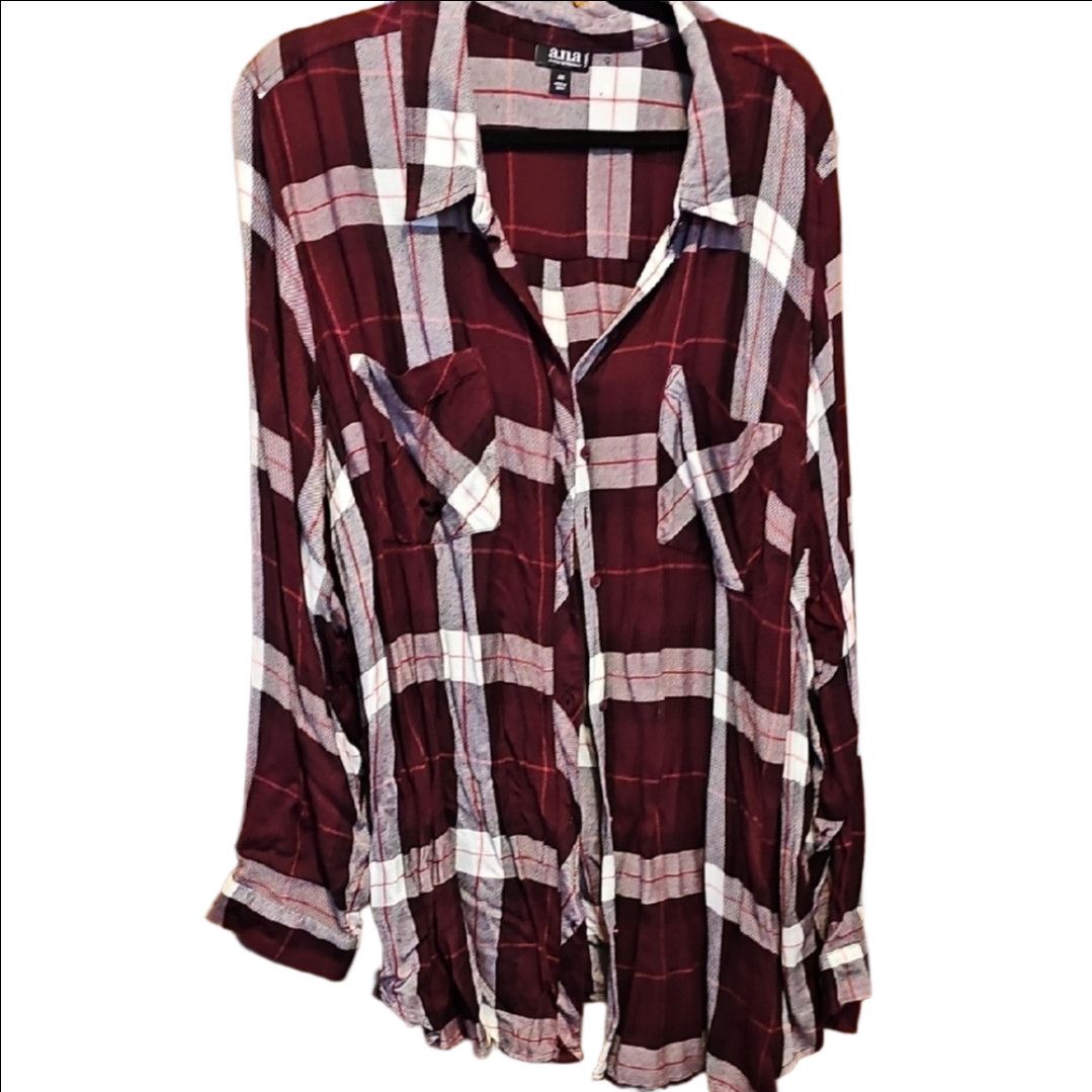 Other a.n.a Burgundy and White Plaid Flannel Shirt Size 3XL / US 20-22 - 3 Thumbnail