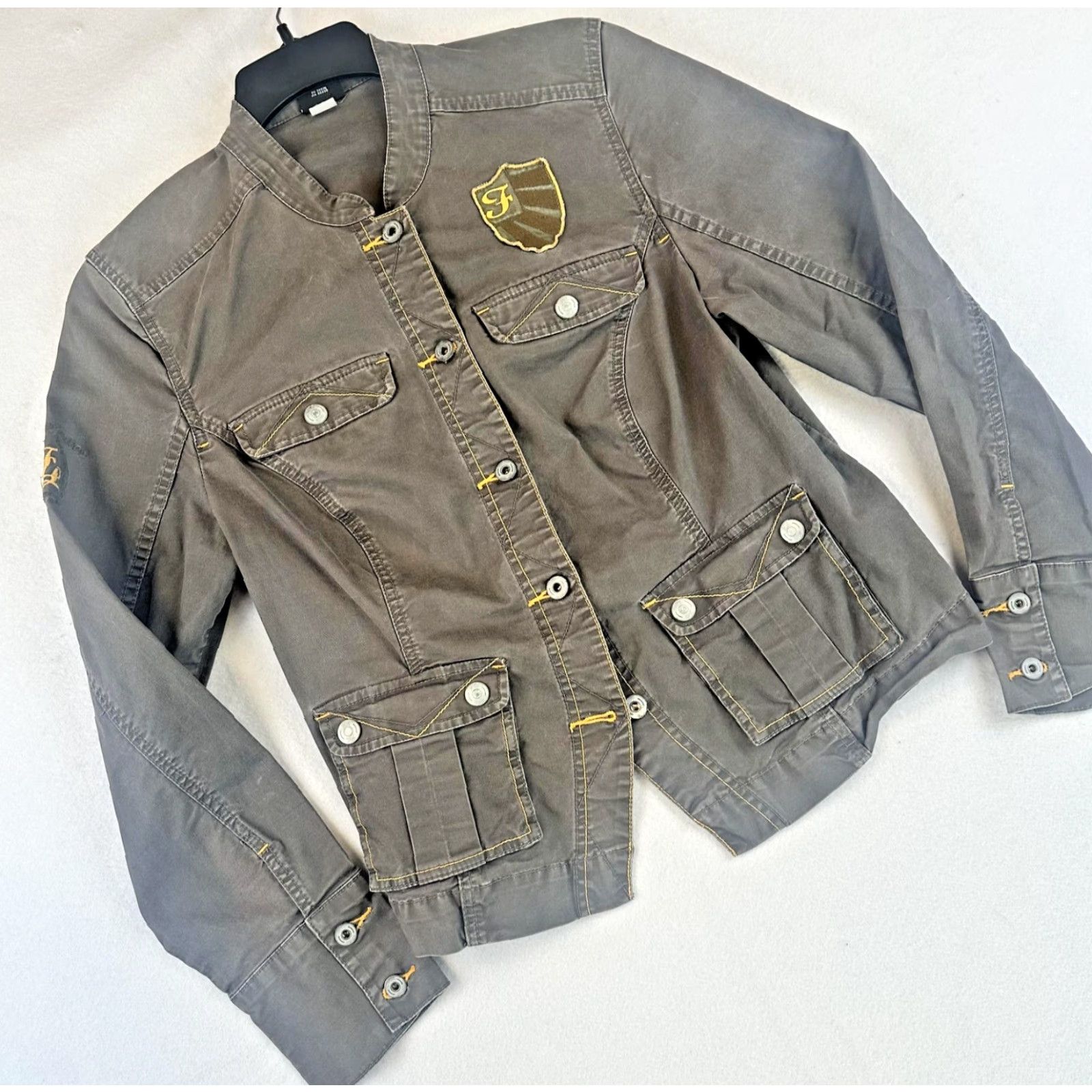 Fubu FUBU Jacket Womens 2XL Military Dark Shadow Embroidered Button Pockets Logo Casual Winter Spring Fall Gray Size XXL / US 16-18 / IT 52-54 - 3 Thumbnail