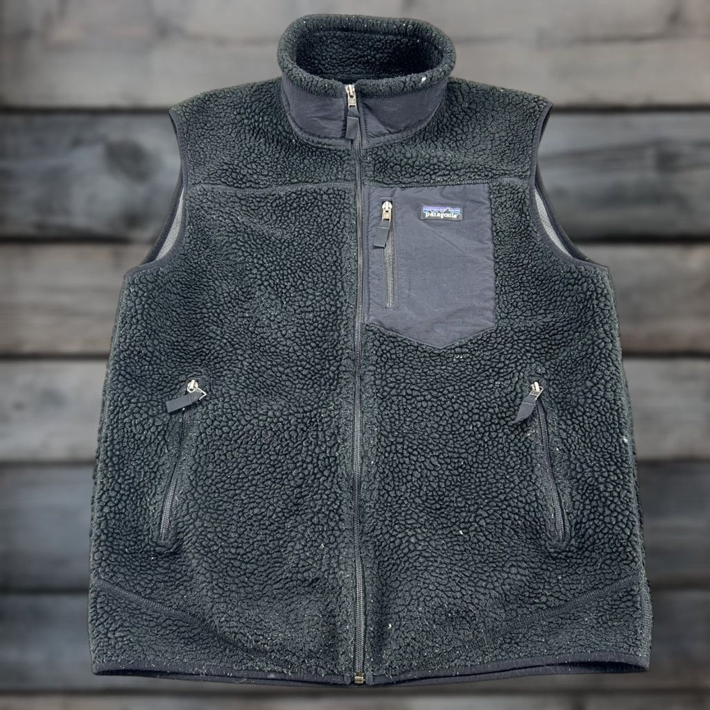 VINTAGE Patagonia Vest Mens XL Black Fleece Polyester USA 90s Bomber Jacket Zip Full Zip Pockets Lined