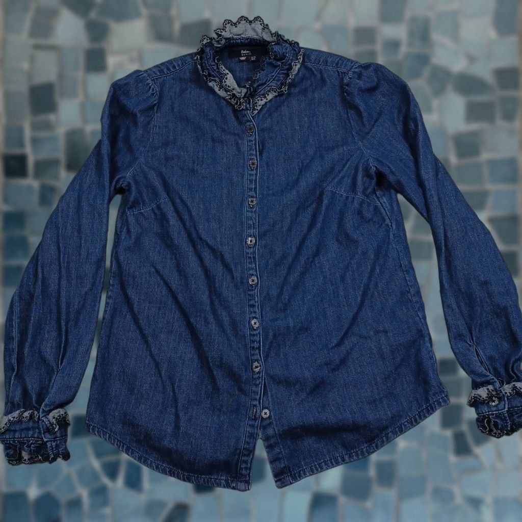 Boden Blouse Womens 6 Blue Denim Puff Sleeve Lace Trim Ruffle Button Solid