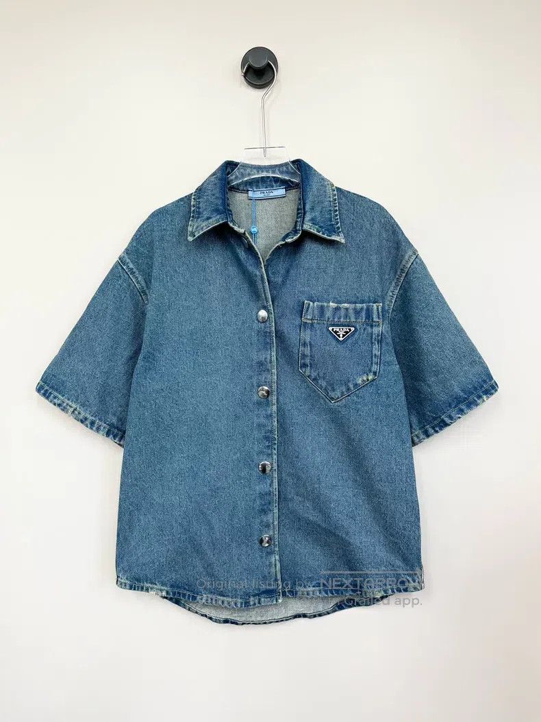 Prada Blue triangle single-breasted denim jacket with shor