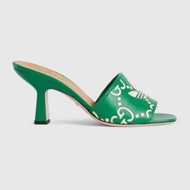 image of X Adidas Logo GG Heel Shoesed Monogram Slide Sandals In Green, Women's (Size 5)