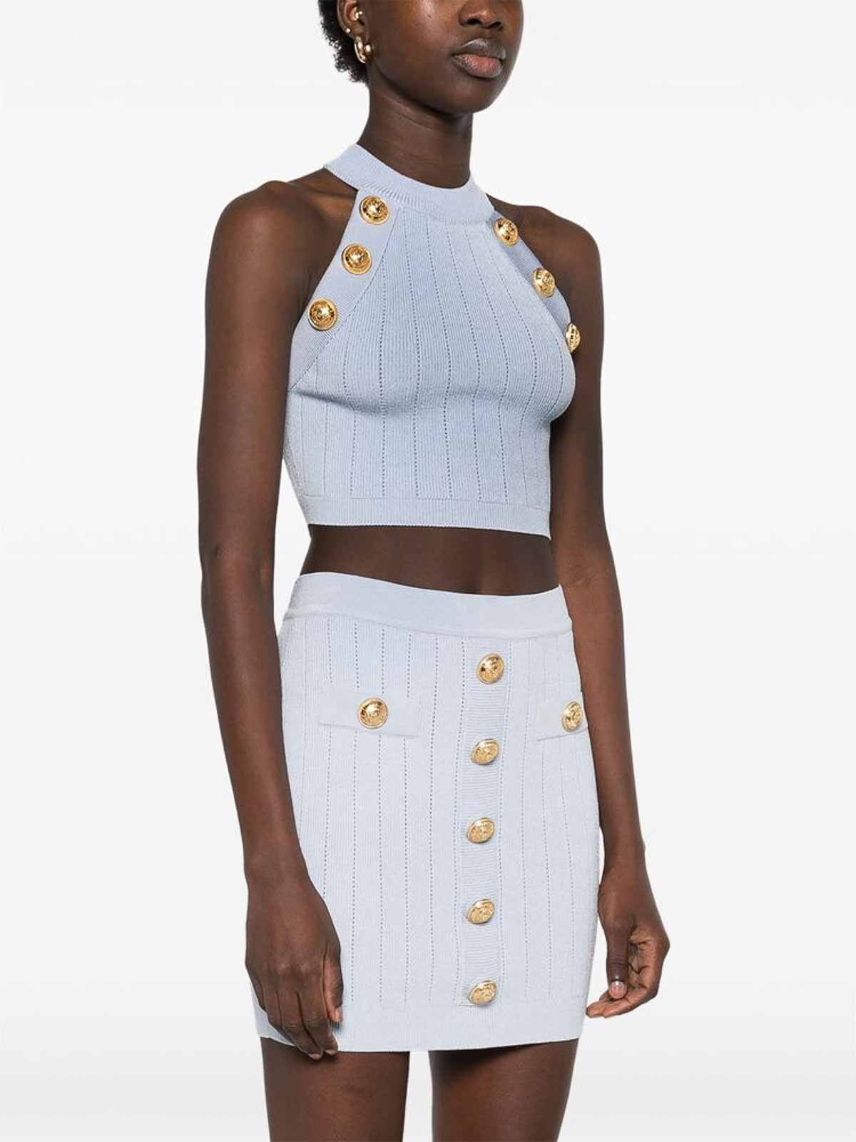 Balmain o1loc1c0526 Halterneck Knit Crop Top in Light Blue Size XXS / US 00 / IT 34 - 5 Thumbnail