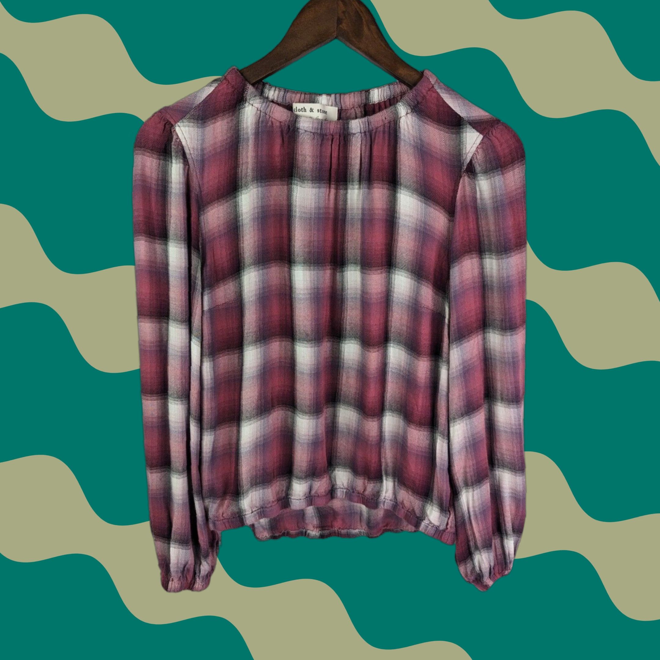 Anthropologie Cloth & Stone Anthropologie Peasant Plaid Long Sleeve Top Womens XS Pink White Balloon Sleeve Boat Neck Casual Blouse Boys? Size XS / US 0-2 / IT 36-38 - 1 Thumbnail