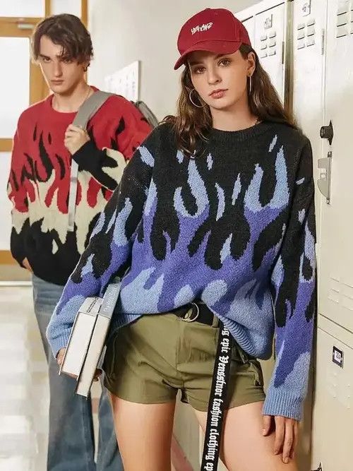 Other Fire Flame Graphic Knit Sweater Pullover streetwear style Size US L / EU 52-54 / 3 - 2 Thumbnail