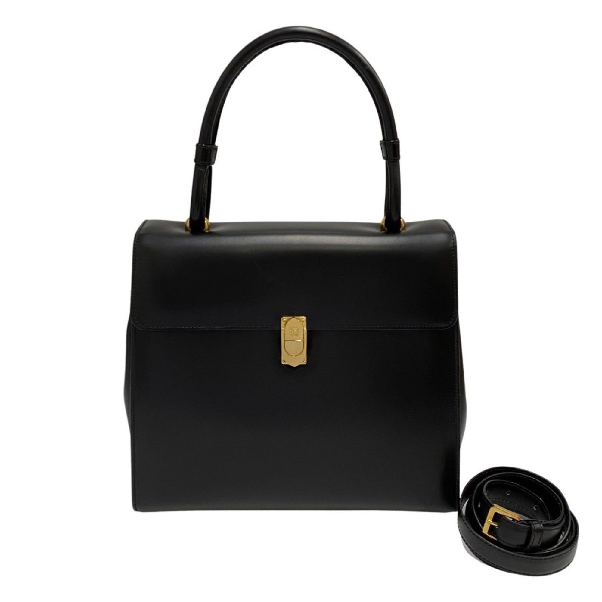 image of Loewe Anagram Logo Metal Fittings Calf Leather Genuine 2Way Handbag Shoulder Bag Black, Women's