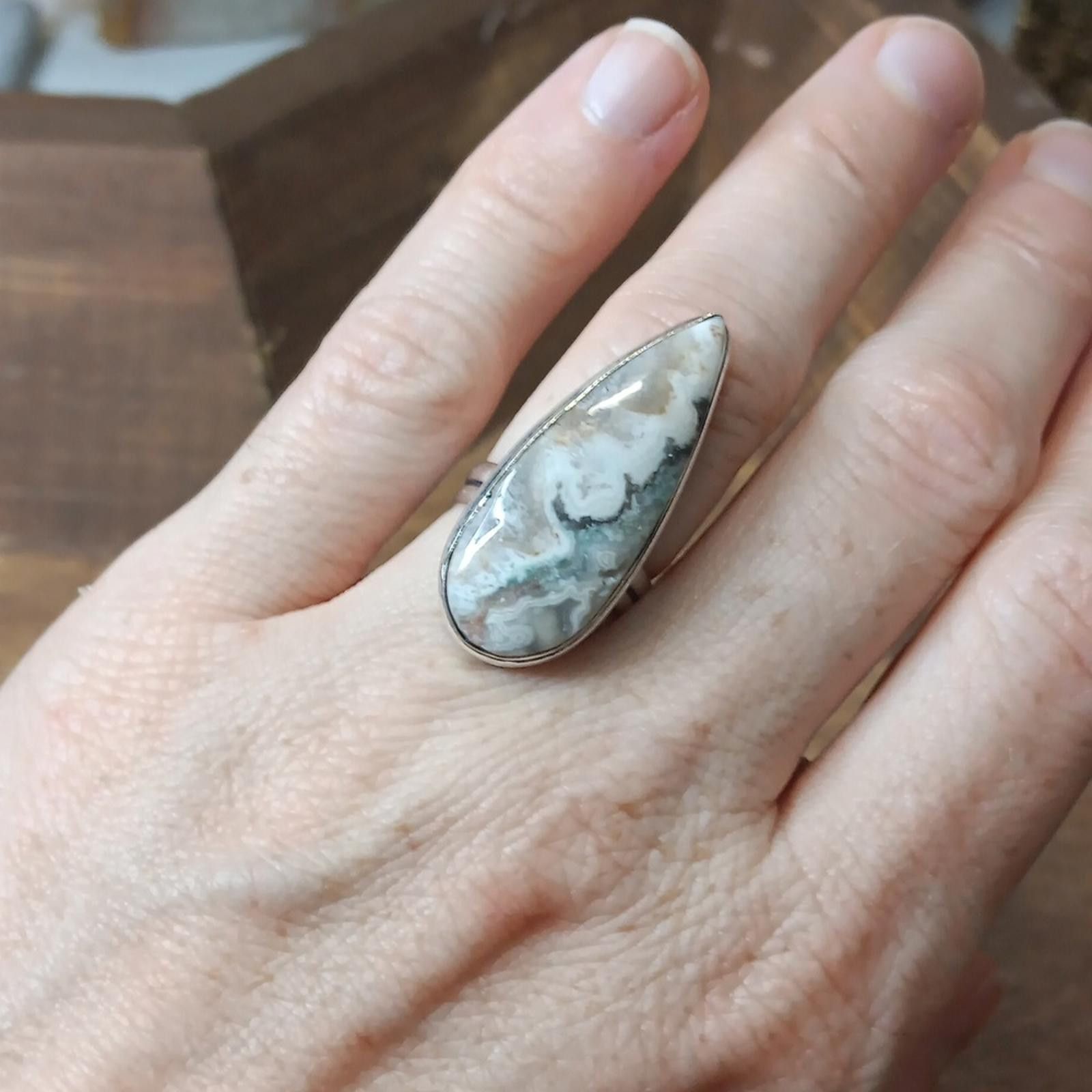 Designer Elegant Teardrop Mexican Lace Agate Stone Ring Size ONE SIZE - 3 Thumbnail