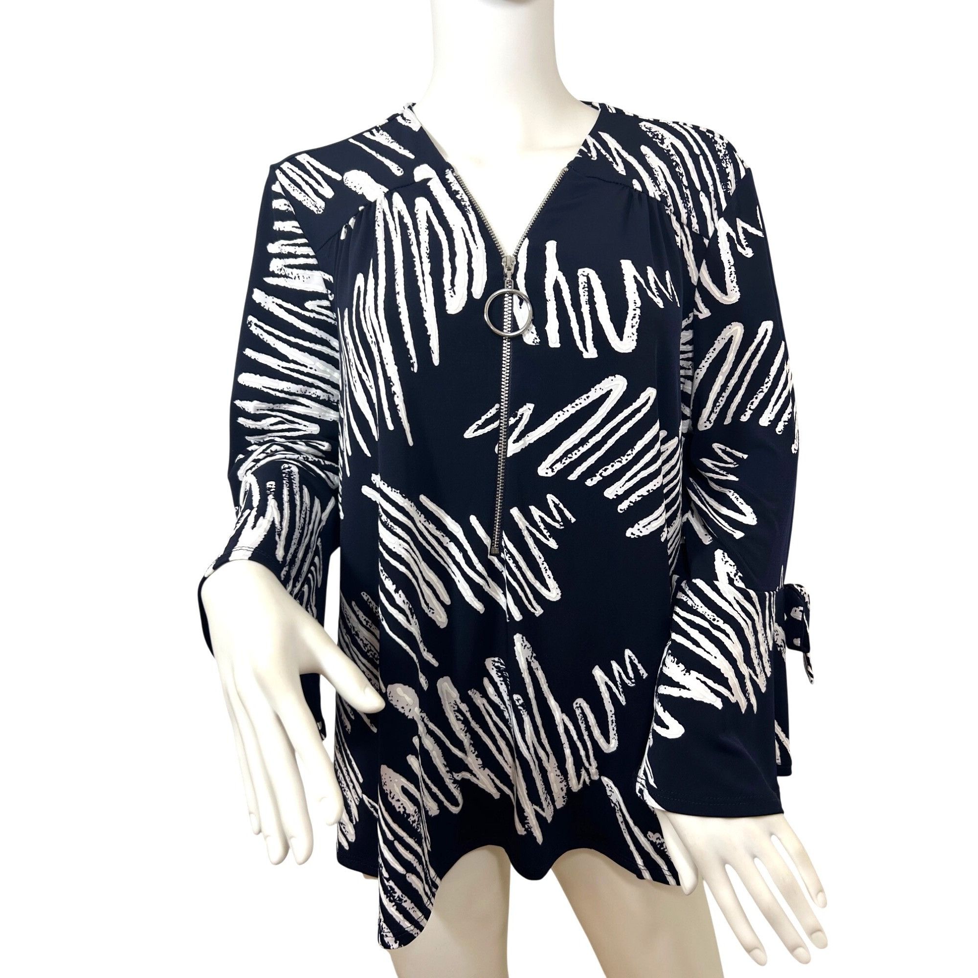 Joseph Ribkoff Joseph Ribkoff Navy White Abstract Print Blouse Zip Bell Sle Size XL / US 12-14 / IT 48-50 - 1 Thumbnail