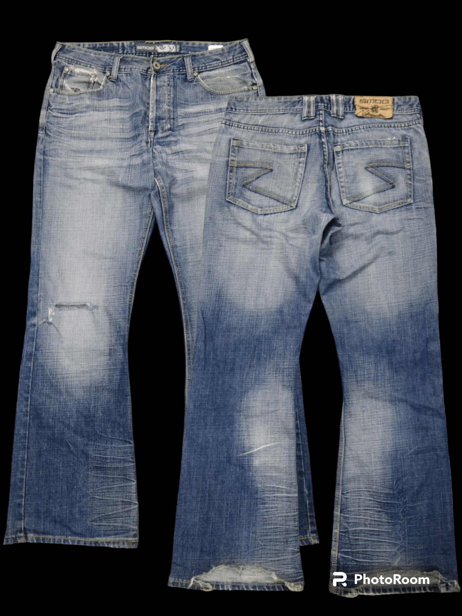 Image of Avant Garde x Distressed Denim Sick Riped Flare Smog Denim Pants in Blue Distressed, Men's (Size 33