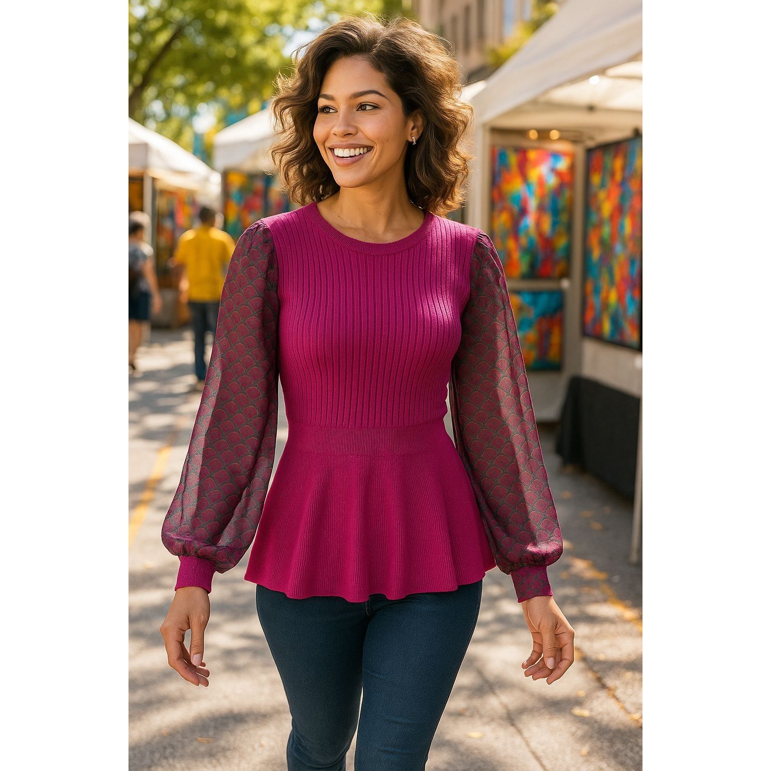 Other 89th Madison NWT Medium Sheer Magenta Haze Knit Peplum Top M Size M / US 6-8 / IT 42-44 - 1 Thumbnail