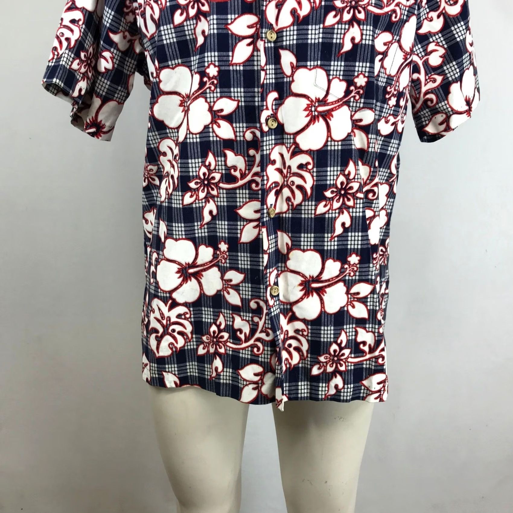 ALOHAS RJC Hibiscus Floral Plaid Aloha Shirt Navy White Red USA Made Mens L Shirt Size US L / EU 52-54 / 3 - 3 Thumbnail