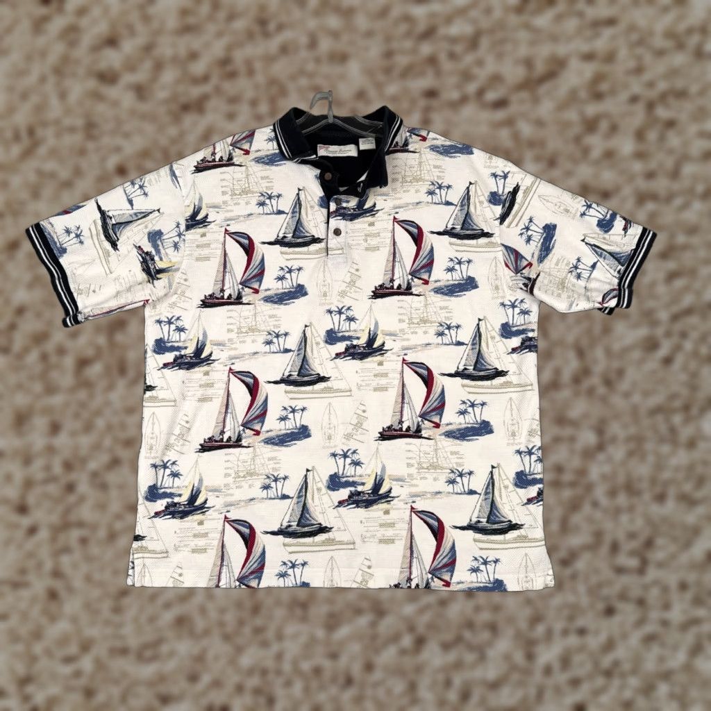 Vintage American Summer Polo Shirt Men XL White Cotton Sailboat Palm AOP Modern Sports Polo Shirt Mens XL White Cotton 100% Polo Shirt Size US XL / EU 56 / 4 - 1 Thumbnail