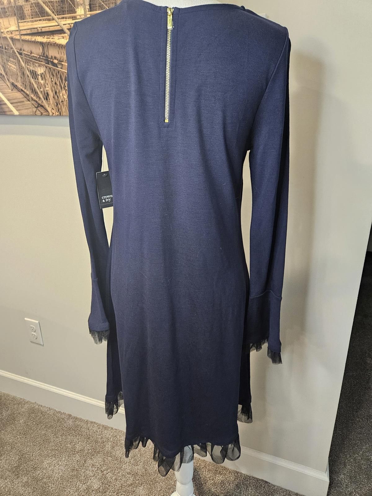 Designer Nwt Crown & Ivy Novel Navy Long Sleeve with Tulle Size S / US 4 / IT 40 - 3 Thumbnail