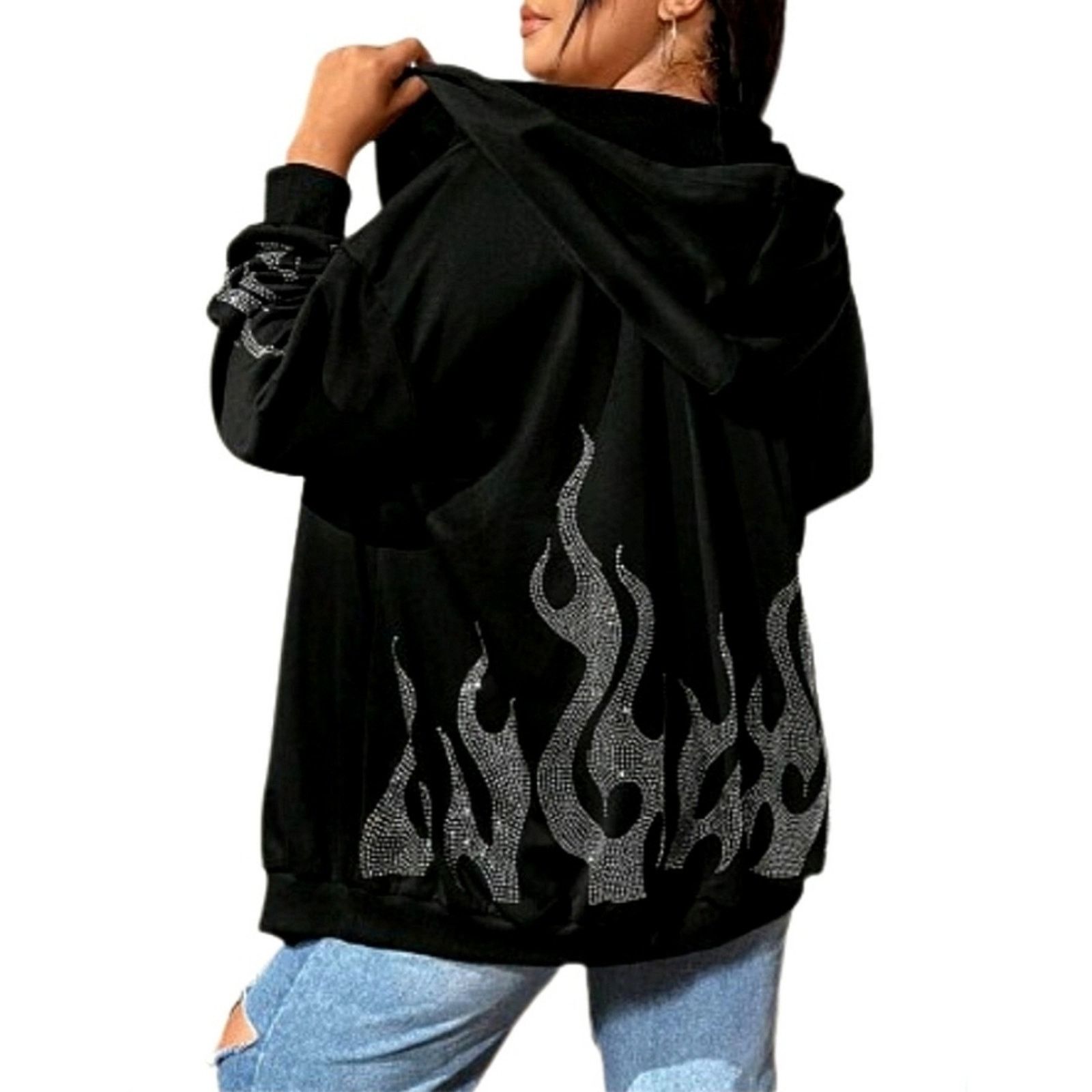 Shein FLAMES ☆ RHINESTONE ACCENT ☆ BLACK OVERSIZED HOODIE 4x ☆ NWT Size 4XL / US 24-26 - 6 Thumbnail