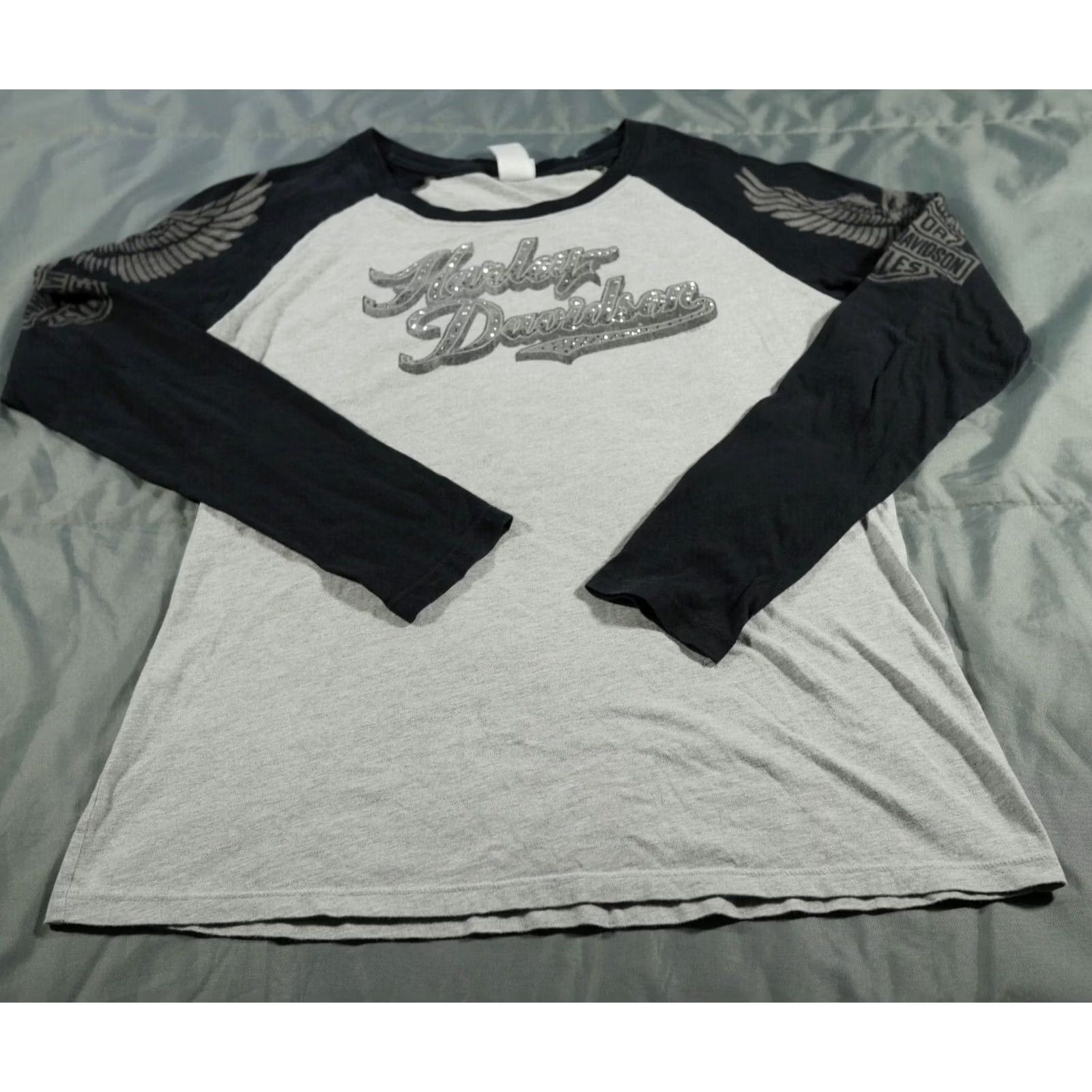 Harley Davidson Harley-Davidson Shirt Women Large Gray Spell Out Logo Embellished Tops Size L / US 10 / IT 46 - 2 Thumbnail