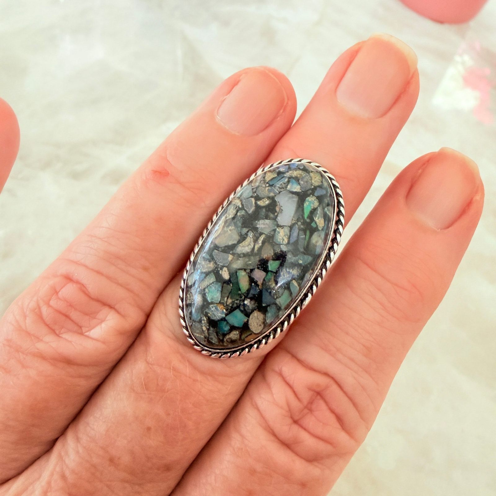 Other Ethiopian Opal Chip Inlay 925 Silver Plated Ring Size ONE SIZE - 5 Thumbnail