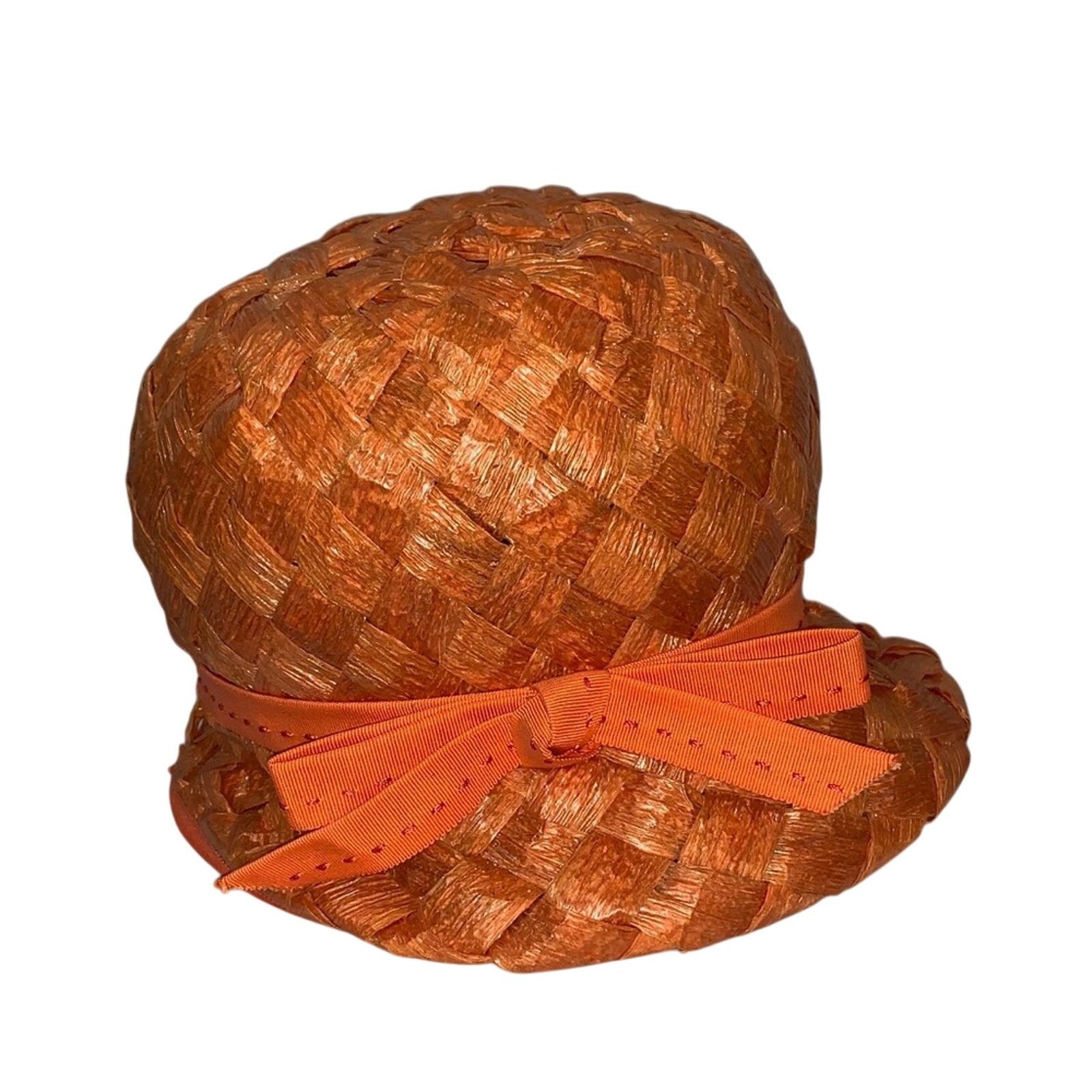 Vintage Vintage Orange Basket Weave Bucket Hat with Bow Size ONE SIZE - 1 Thumbnail