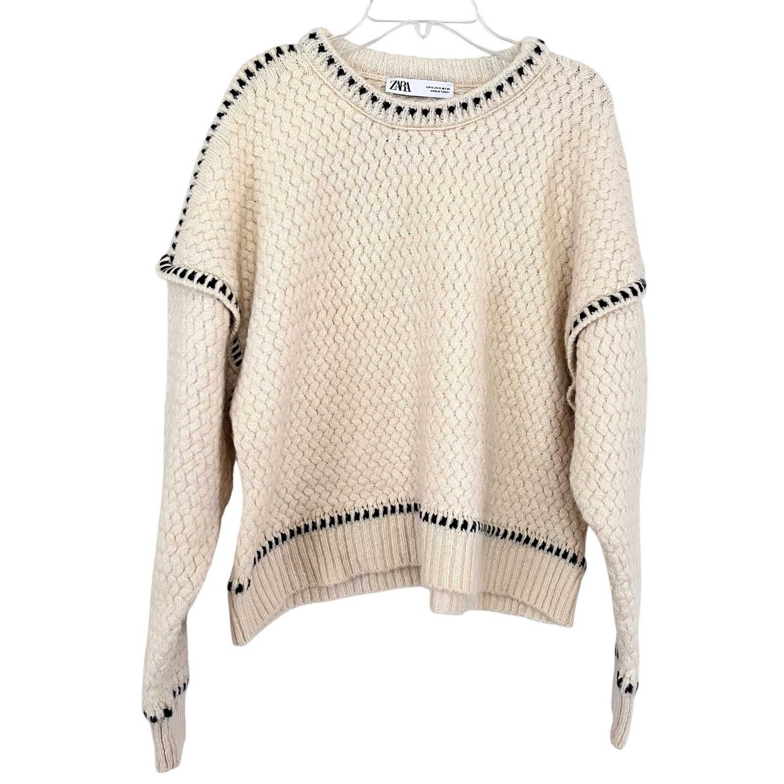 Zara Zara Cream Contrast Topstitching Woven Knit Pullover Sweater Size S / US 4 / IT 40 - 1 Thumbnail