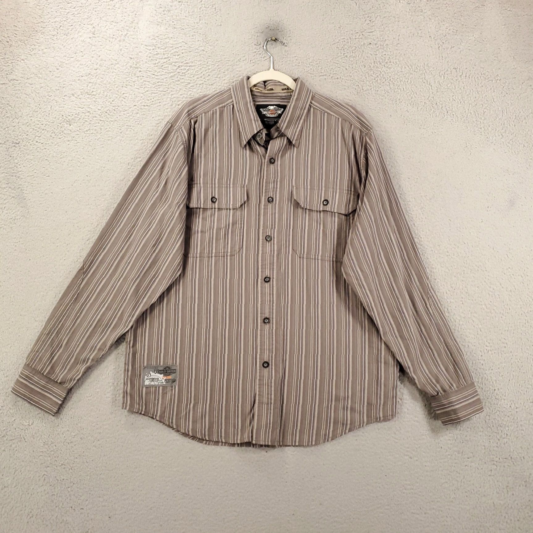 Harley Davidson Harley-Davidson Shirt Mens L Gray Striped Button-Up Embroidered Cotton Long Sleeve USA Size US L / EU 52-54 / 3 - 2 Thumbnail