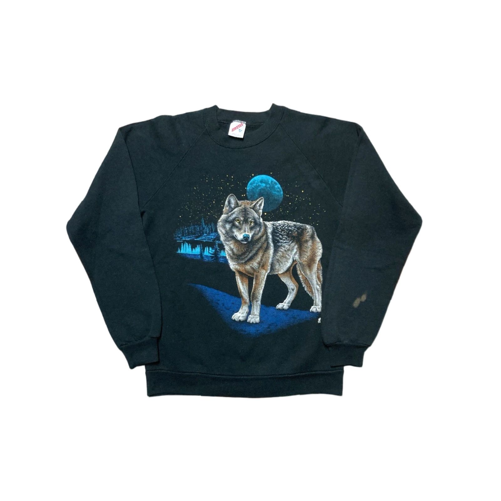 Jerzees VINTAGE 80s Jerzees Sweatshirt Lone Wolf Moon Night Stars Forest Animal Medium Crewneck Men Green Size US M / EU 48-50 / 2 - 1 Thumbnail