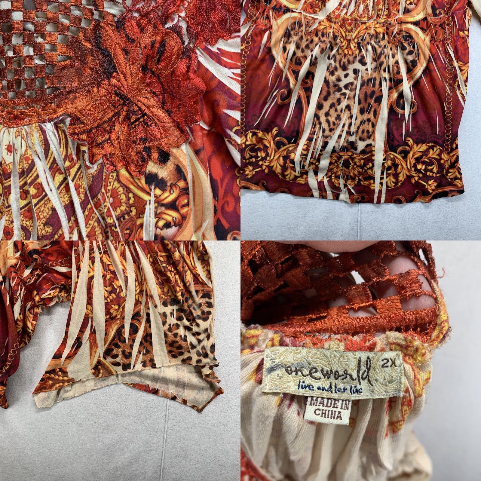 Vintage Oneworld Women's Top 2X Orange Scoop Neck Print Pullover Long Sleeve Embroidered Size XXL / US 16-18 / IT 52-54 - 9 Thumbnail