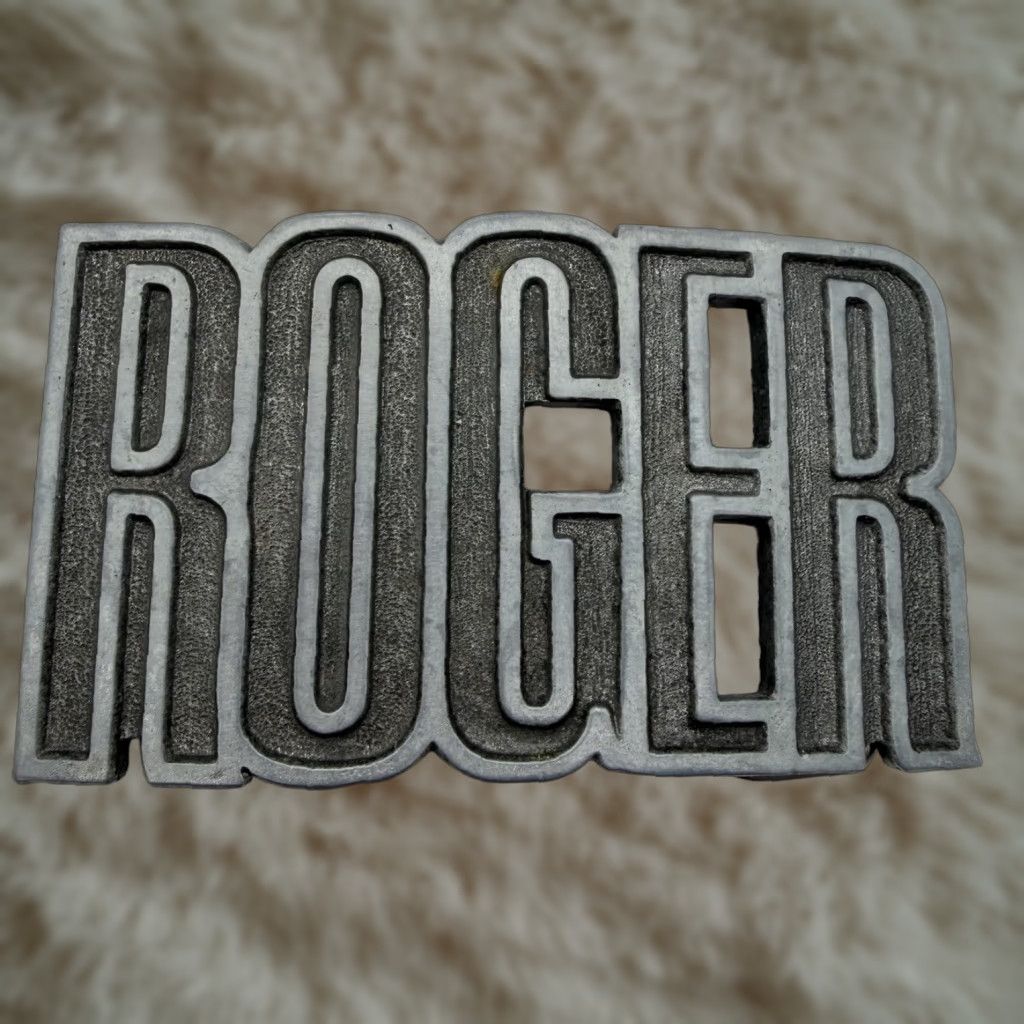 Vintage VINTAGE Roger Brass Belt Buckle Pewter Tone Men 1970s Letters Numbers & Symbols Belt Buckle Roger Mens Belt Buckle Size ONE SIZE - 1 Thumbnail