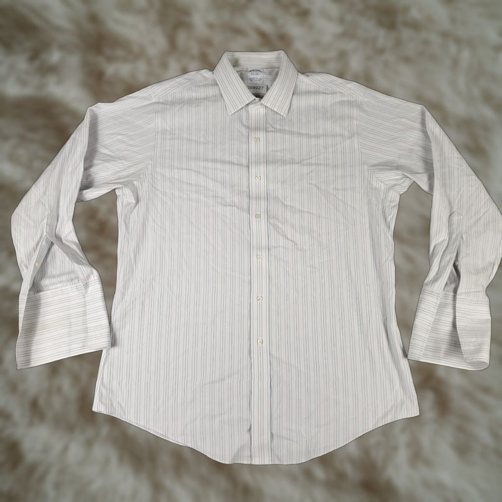 Brooks Brothers VINTAGE Brooks Brothers Dress Shirt Men Size 17 Blue Gray Stripe Long Sleeve French Cuff Business Casual Formal Size 46R - 1 Thumbnail