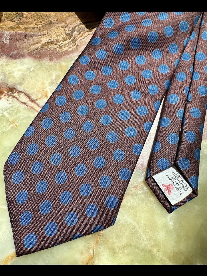 Turnbull & Asser VINTAGE 1990s TURNBULL & ASSER TIE SILK BROWN BLUE POLKA DOT Size ONE SIZE - 2 Thumbnail