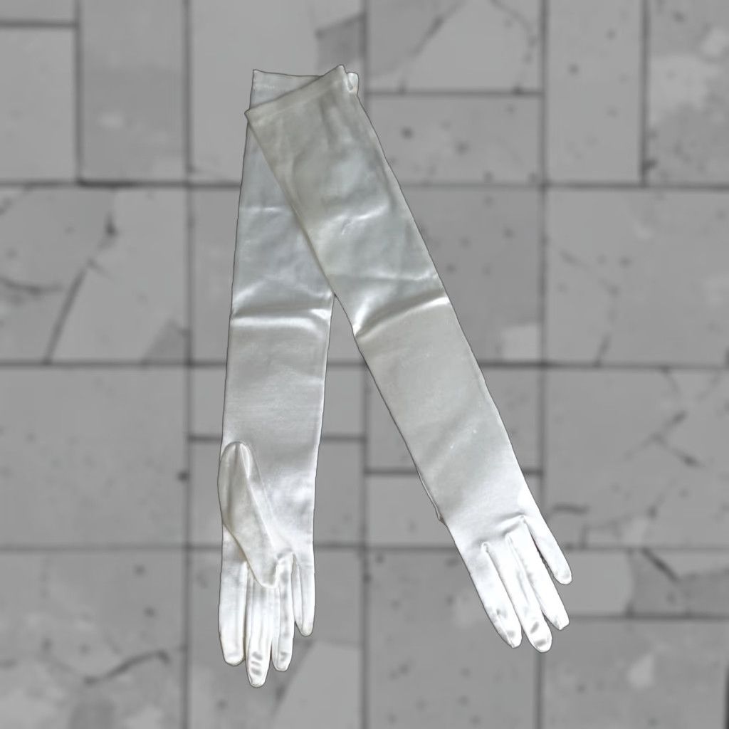 Vintage VINTAGE White Opera Length Gloves Nylon Satin Stretch Made in USA NEW Women Eveningwear Gloves Medium? Size ONE SIZE - 1 Thumbnail