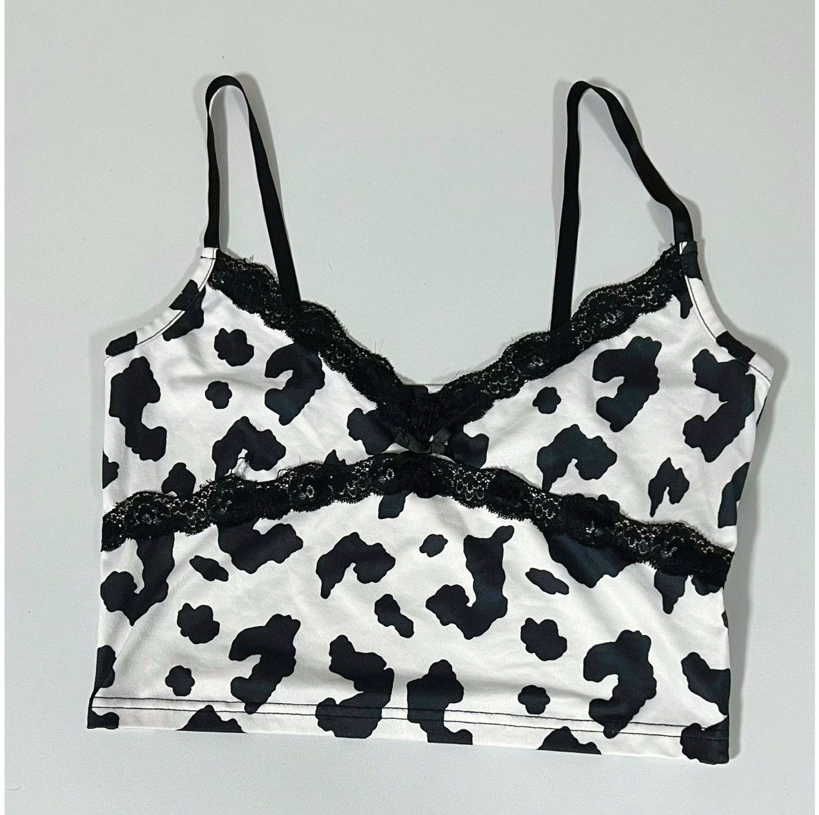 Vintage Black White Cow Print Lace Crop Top T-Shirt Cami Size M 🐄 Size M / US 6-8 / IT 42-44 - 2 Thumbnail