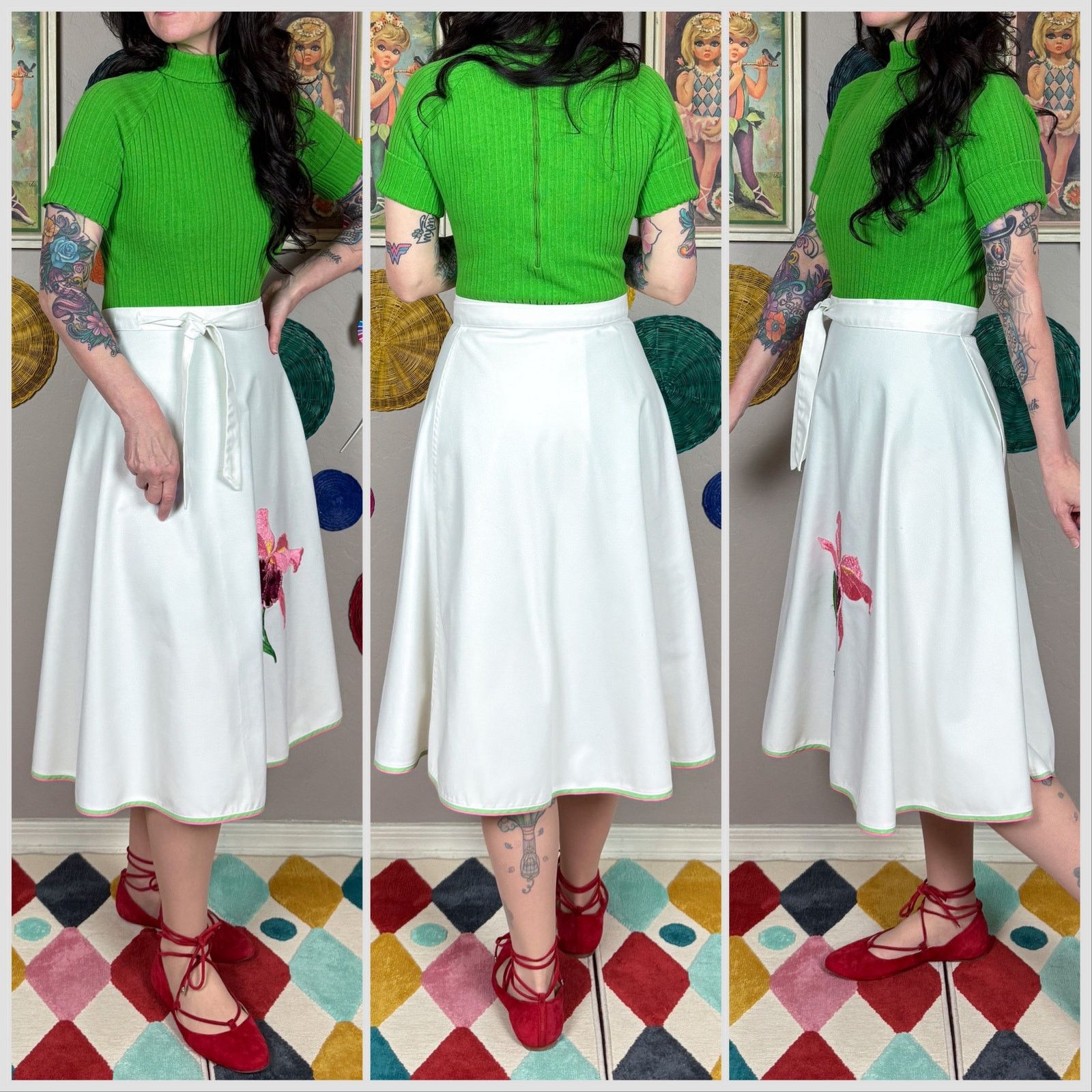 Vintage Vintage 1970s White Embroidered Iris Midi Wrap Skirt Size 28" / US 6 / IT 42 - 2 Thumbnail