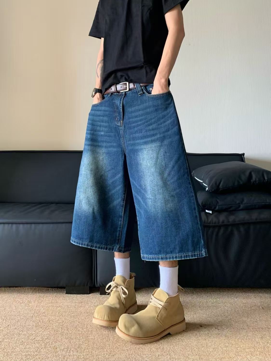 Vintage Blue Casual Retro Hip-Hop Straight-Leg Denim Shorts Size US 32 / EU 48 - 2 Thumbnail