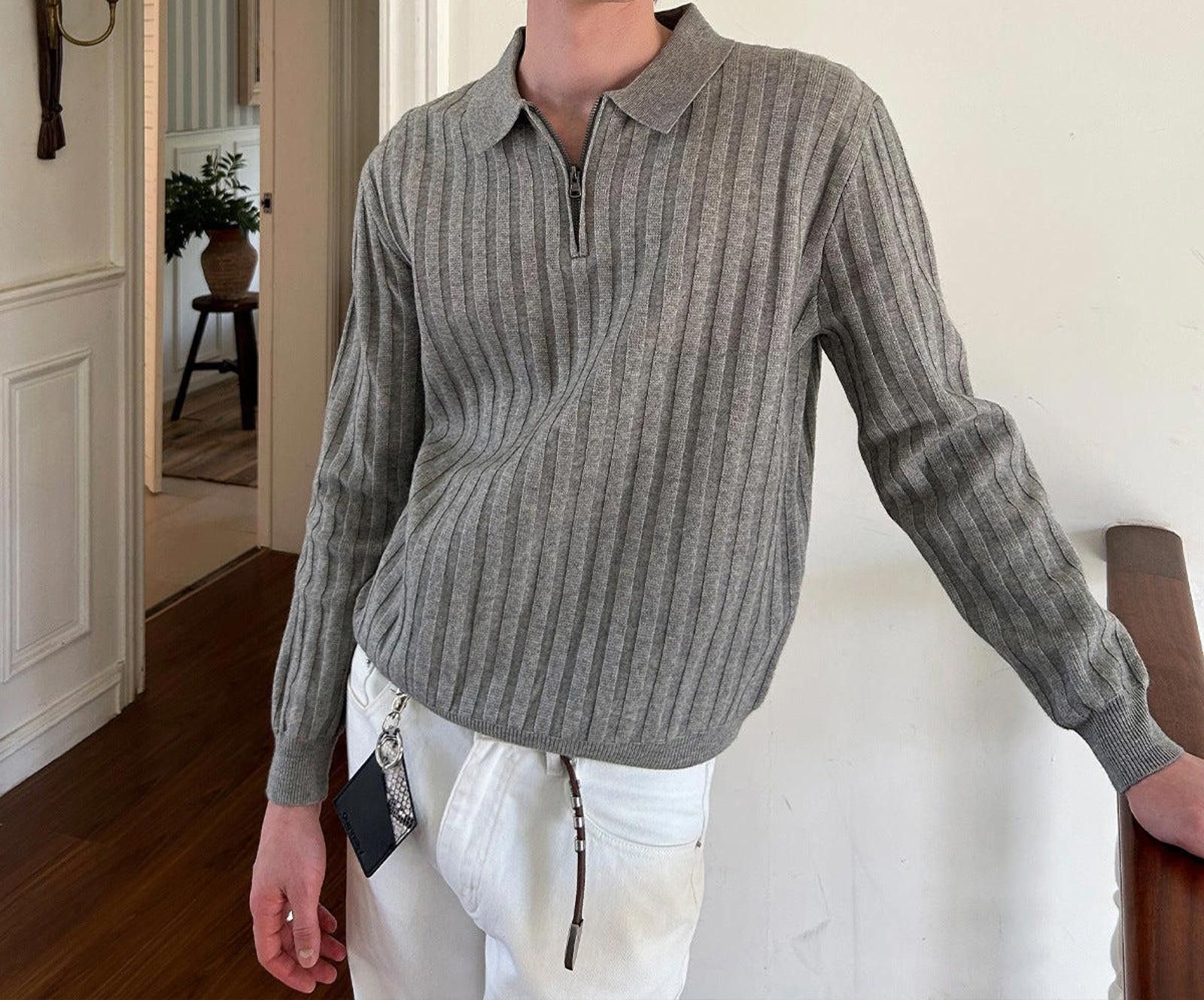 Vintage Gray Ribbed Zip Collar Polo Sweater, Slim Fit Knitwear Size US M / EU 48-50 / 2 - 1 Thumbnail
