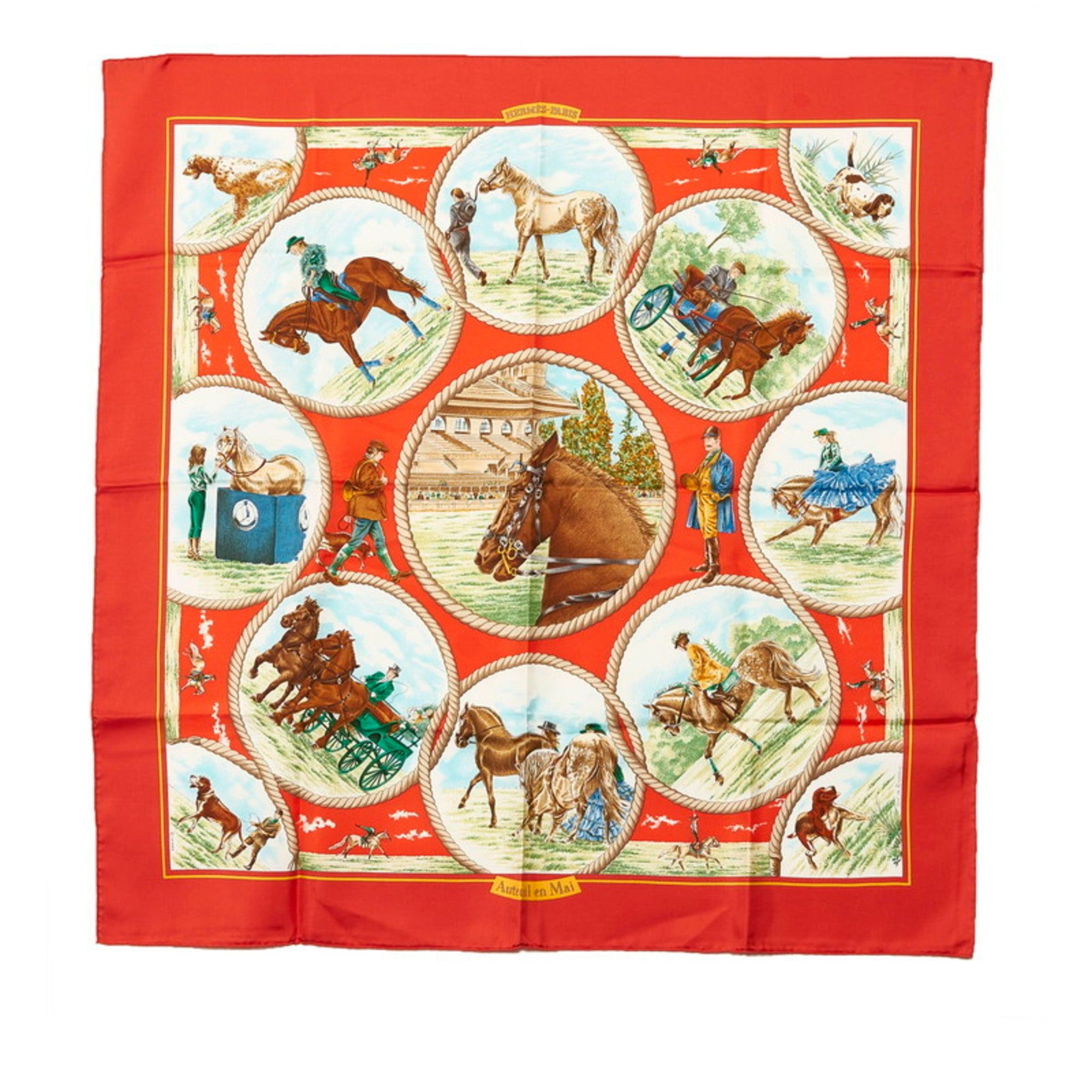 image of Hermes Carre 90 Auteuil En Mai May Scarf Red Multicolor Silk Ladies in Black, Women's
