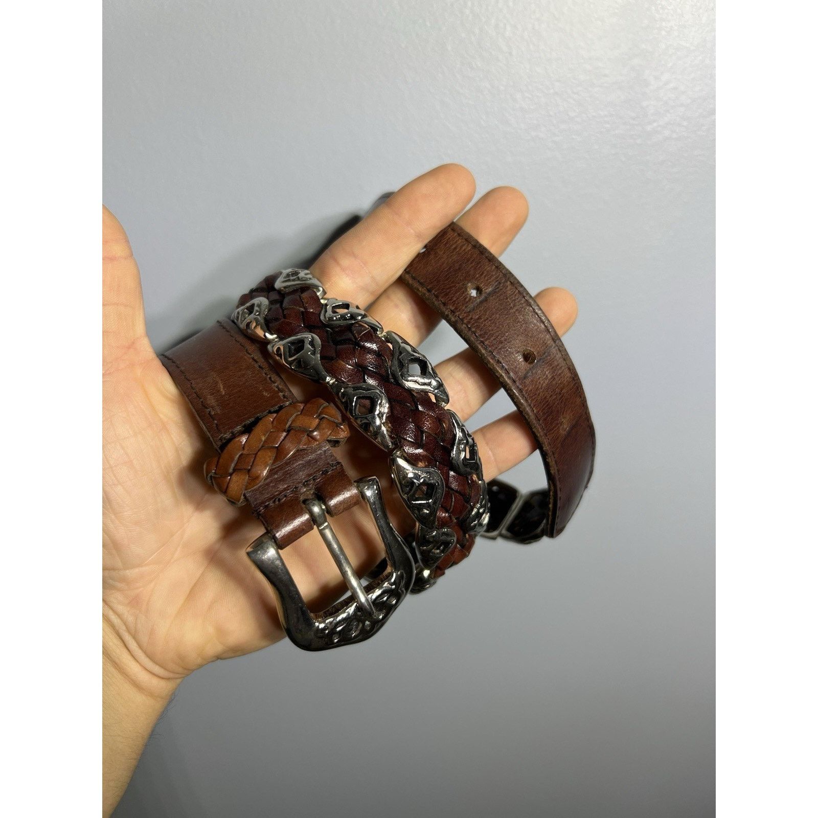 Tribal Streetwear Capezio S/M Belt Woven Leather and Silver Brass Link Brown Size ONE SIZE - 3 Thumbnail