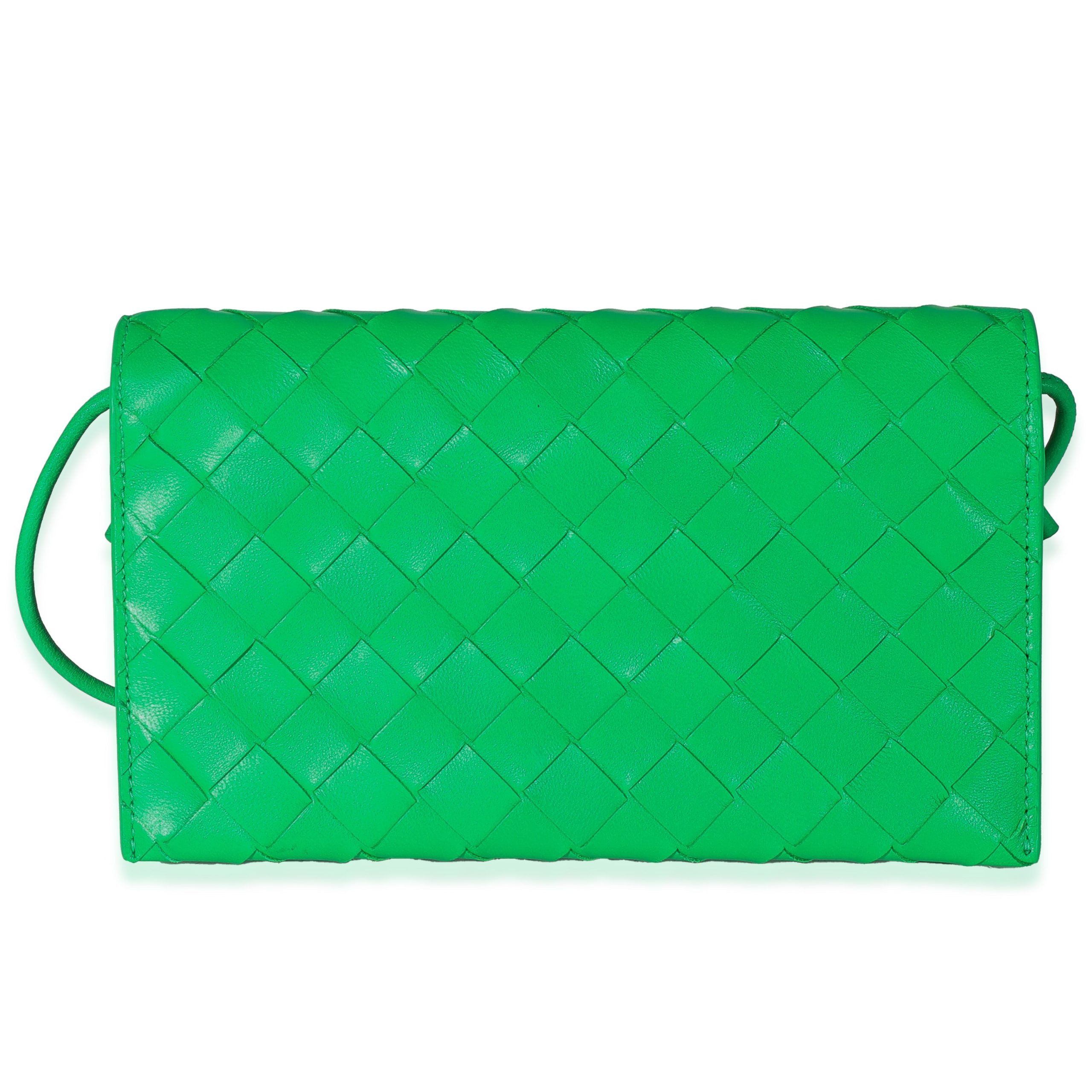image of Bottega Veneta Parakeet Intrecciato Leather Wallet On Strap in Green, Women's