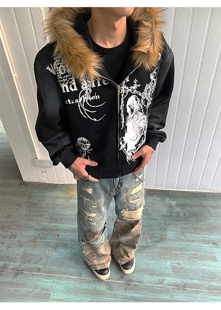Wasteland Style Cardigan Zip UP Fur Hooded Jacket