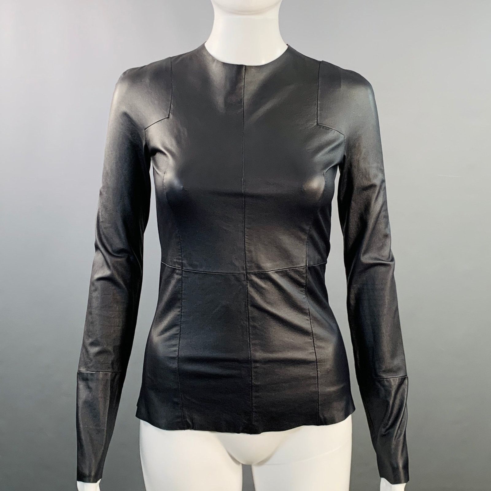 Black Lambskin Leather Long Sleeve Back Zipper Dress Top