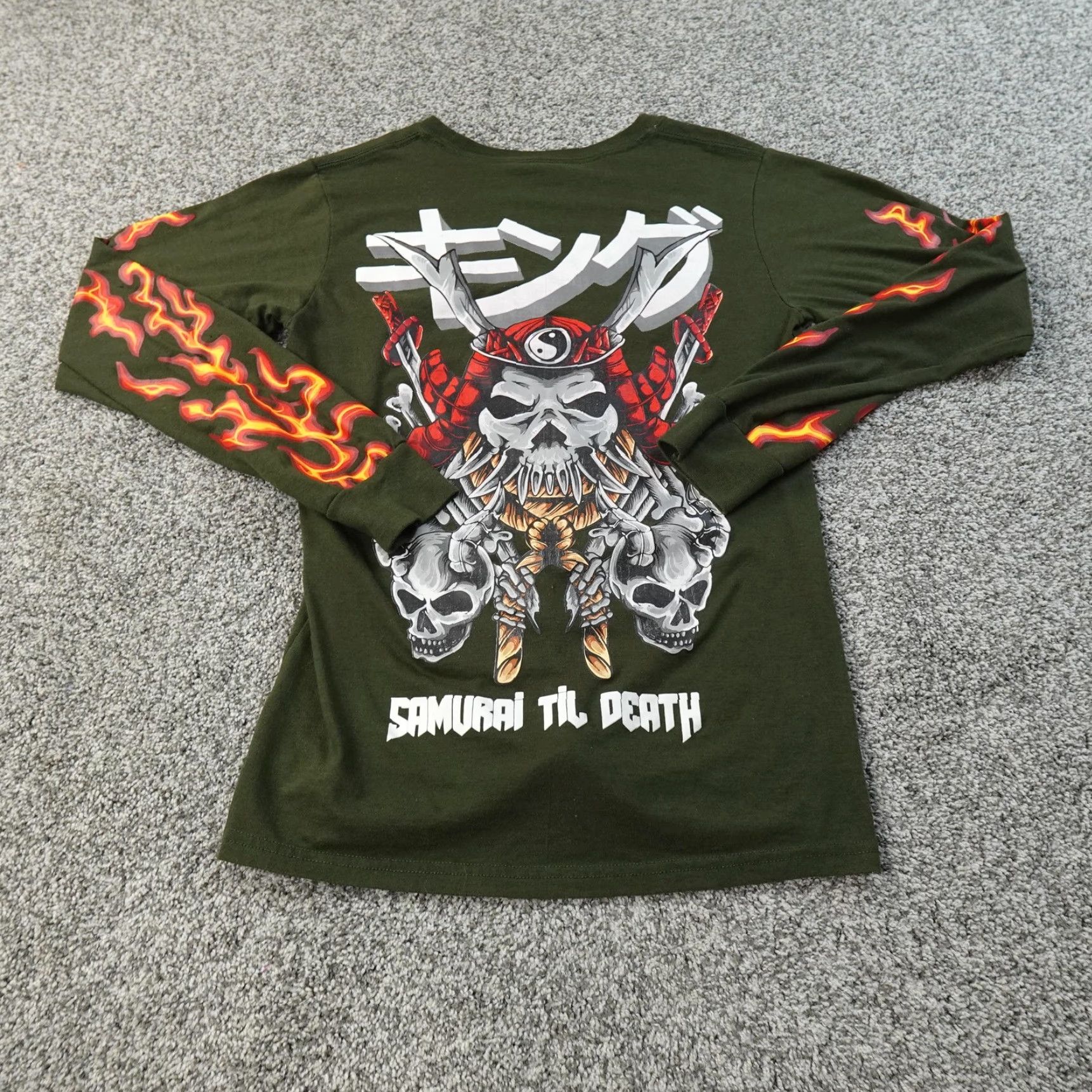 Vintage Samurai Shirt Mens S Green Skull Flames Long Sleeve Graphic Tee Grunge Y2K Shirt Mens S Green Skull Flames Long Sleeve Graphic Tee Size US S / EU 44-46 / 1 - 2 Thumbnail