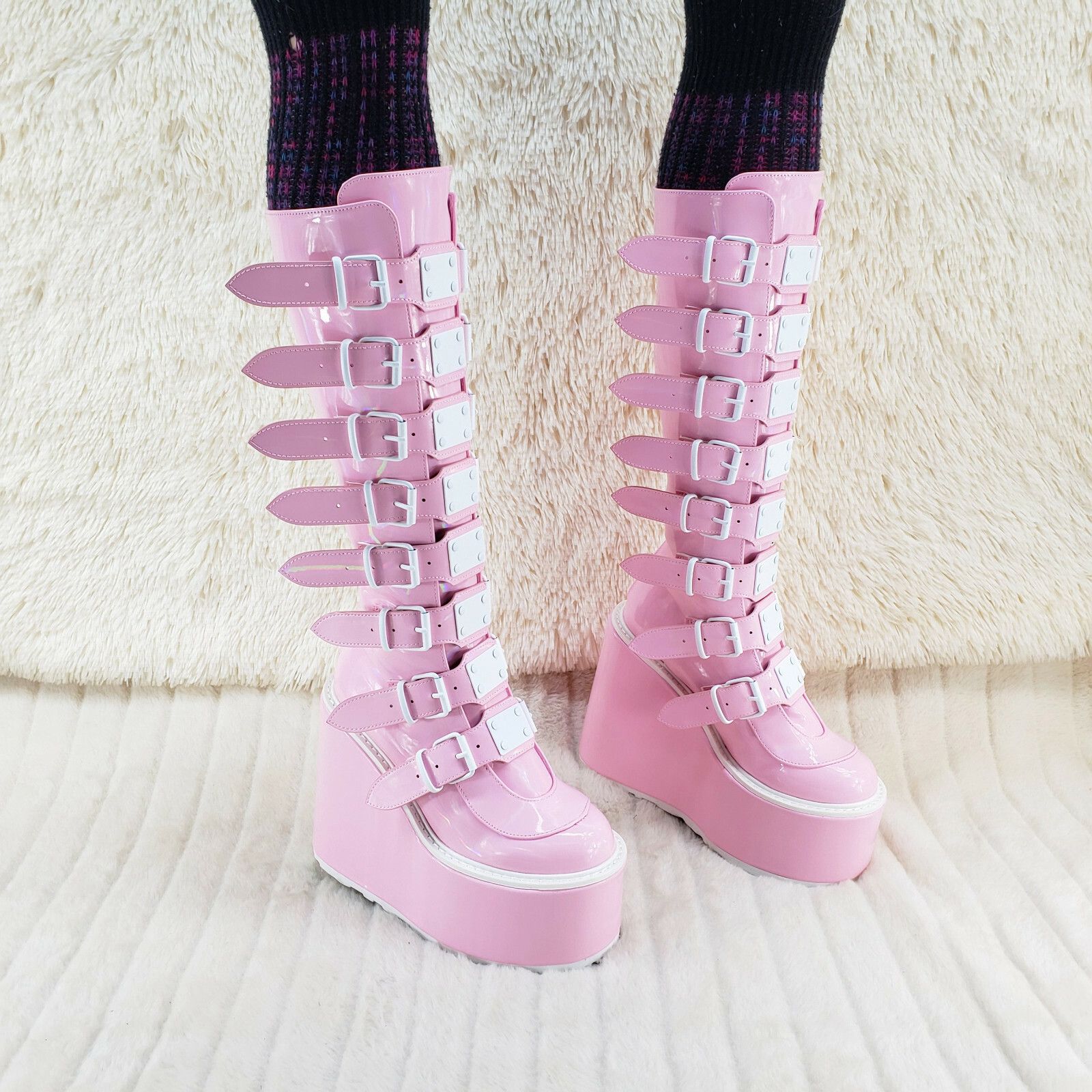 Demonia Cult DEMONIA Trinity Swing 815 Pink Hologram Patent Goth Knee Boo Size US 7 / IT 37 - 4 Thumbnail