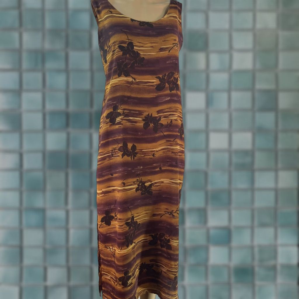 Vintage Womens Dress - Floral Sleeveless Round Neck Midi - Orange Purple - Size Medium - Casual Tank Dress - 42 in Length - Regular Fit - Womens Size M / US 6-8 / IT 42-44 - 1 Thumbnail