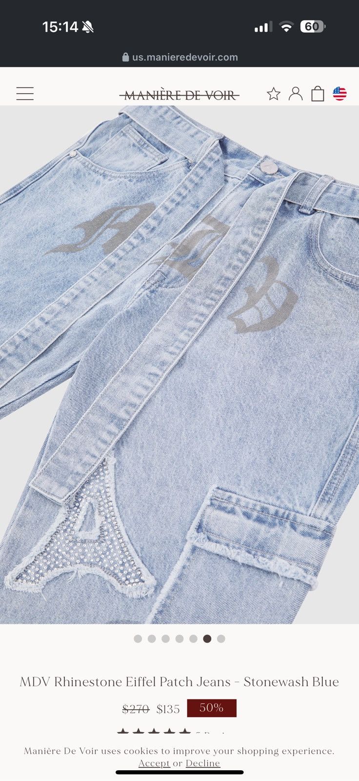 Maniere De Vior MDV Rhinestone Eiffel Patch Jeans - Stonewash Blue Size US 36 / EU 52 - 4 Thumbnail
