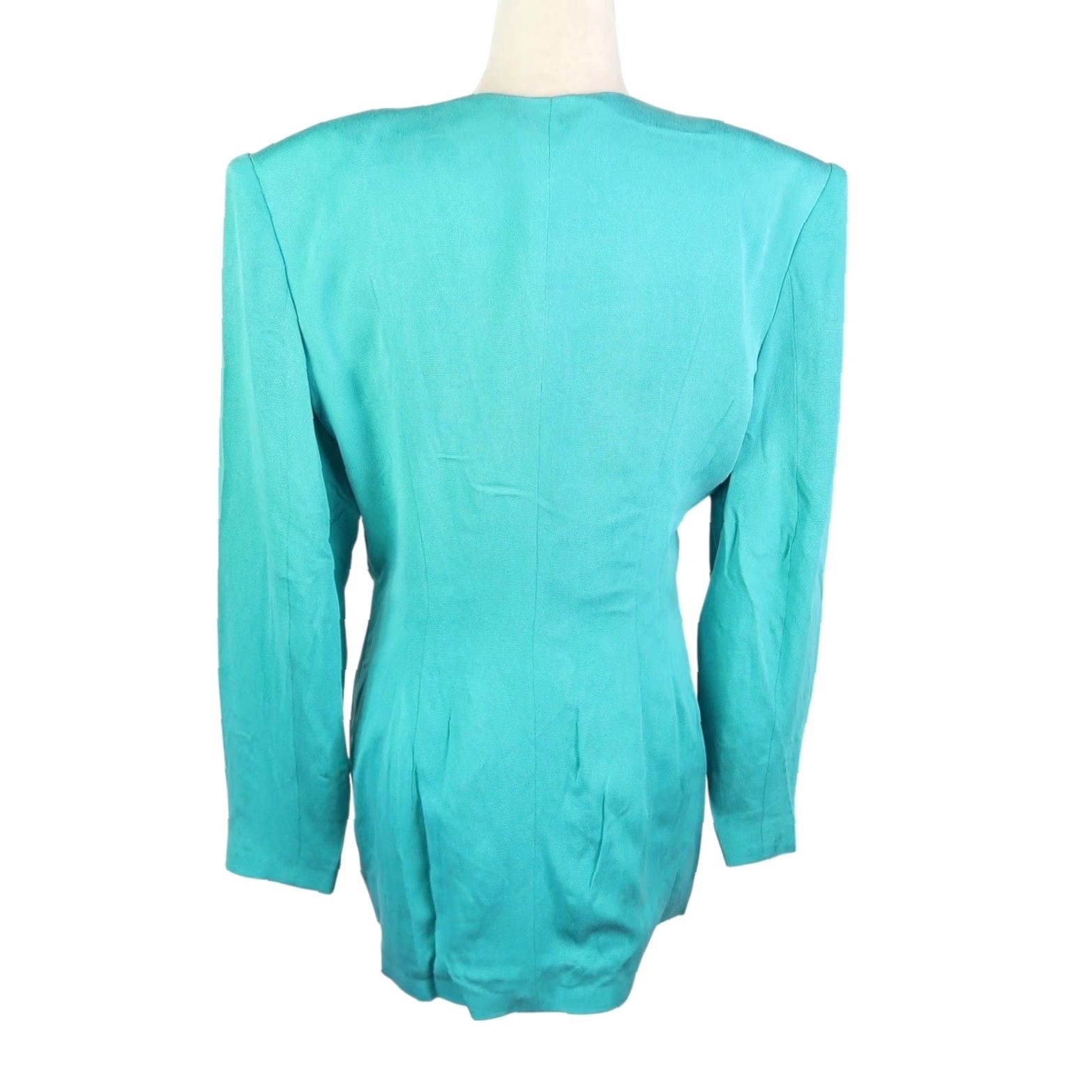 AQUA VINTAGE 80s Aqua Blue Silk Blazer Jacket Longline Collarless L Women Size L / US 10 / IT 46 - 4 Thumbnail