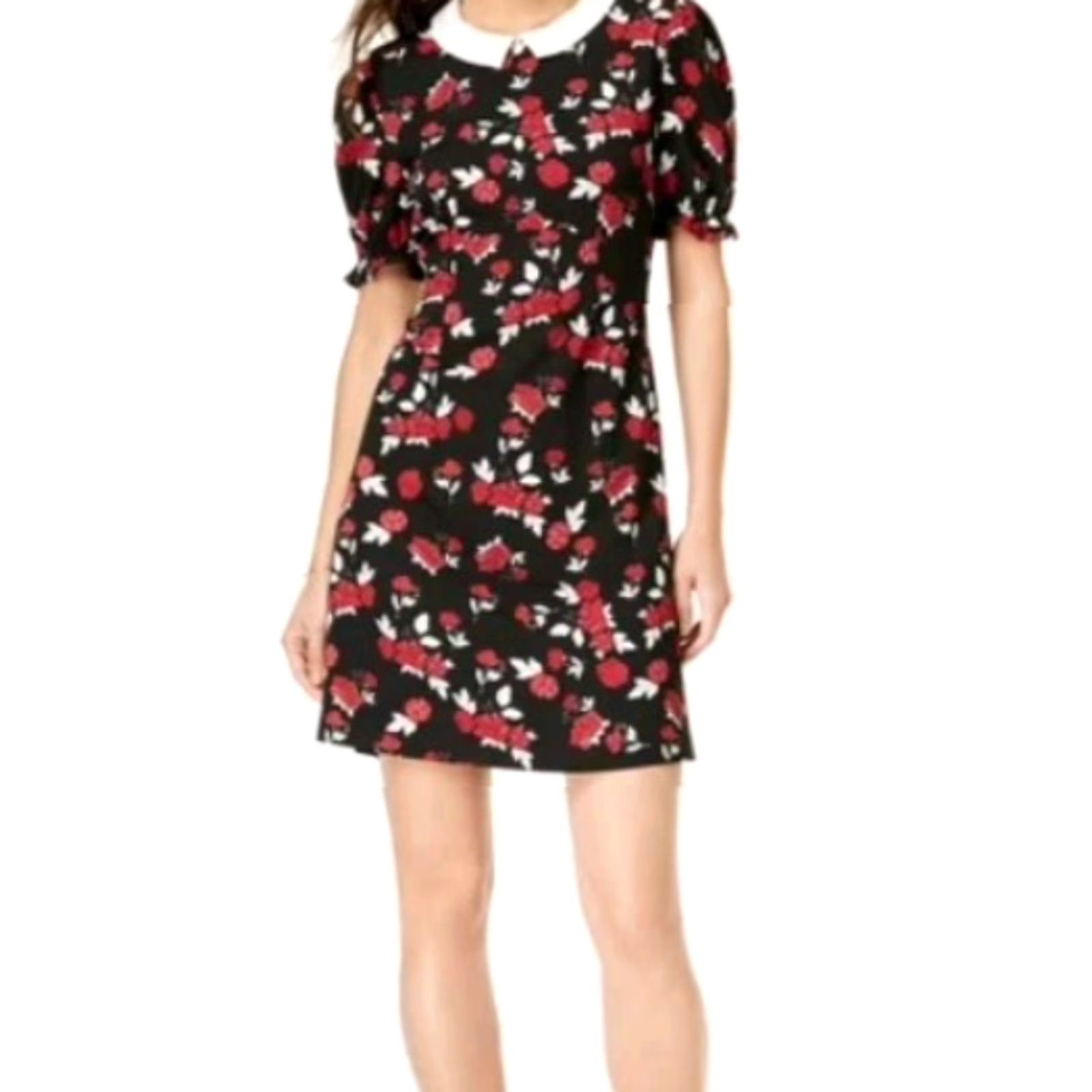 Vintage Maison Jules Womens Floral Shift Dress w/Button-off Collar Dress Short Sleeve Black XS? Lined Balloon Sleeve Size XS / US 0-2 / IT 36-38 - 2 Thumbnail