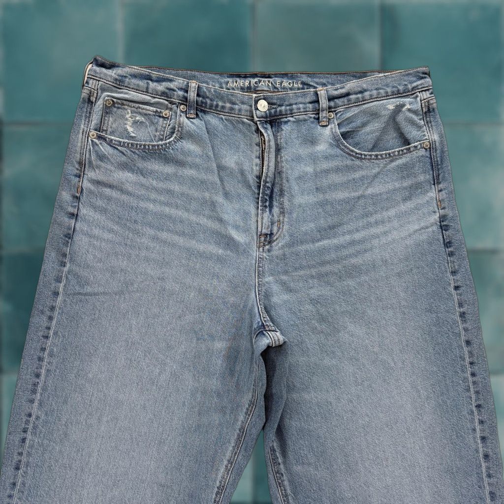 American Eagle Outfitters American Eagle Outfitters Jeans Womens 18 High Rise Baggy Straight Blue Light Wash Denim Cotton Spandex 5-Pocket Zipper Button Vintage No Size 40" / US 18 - 1 Thumbnail