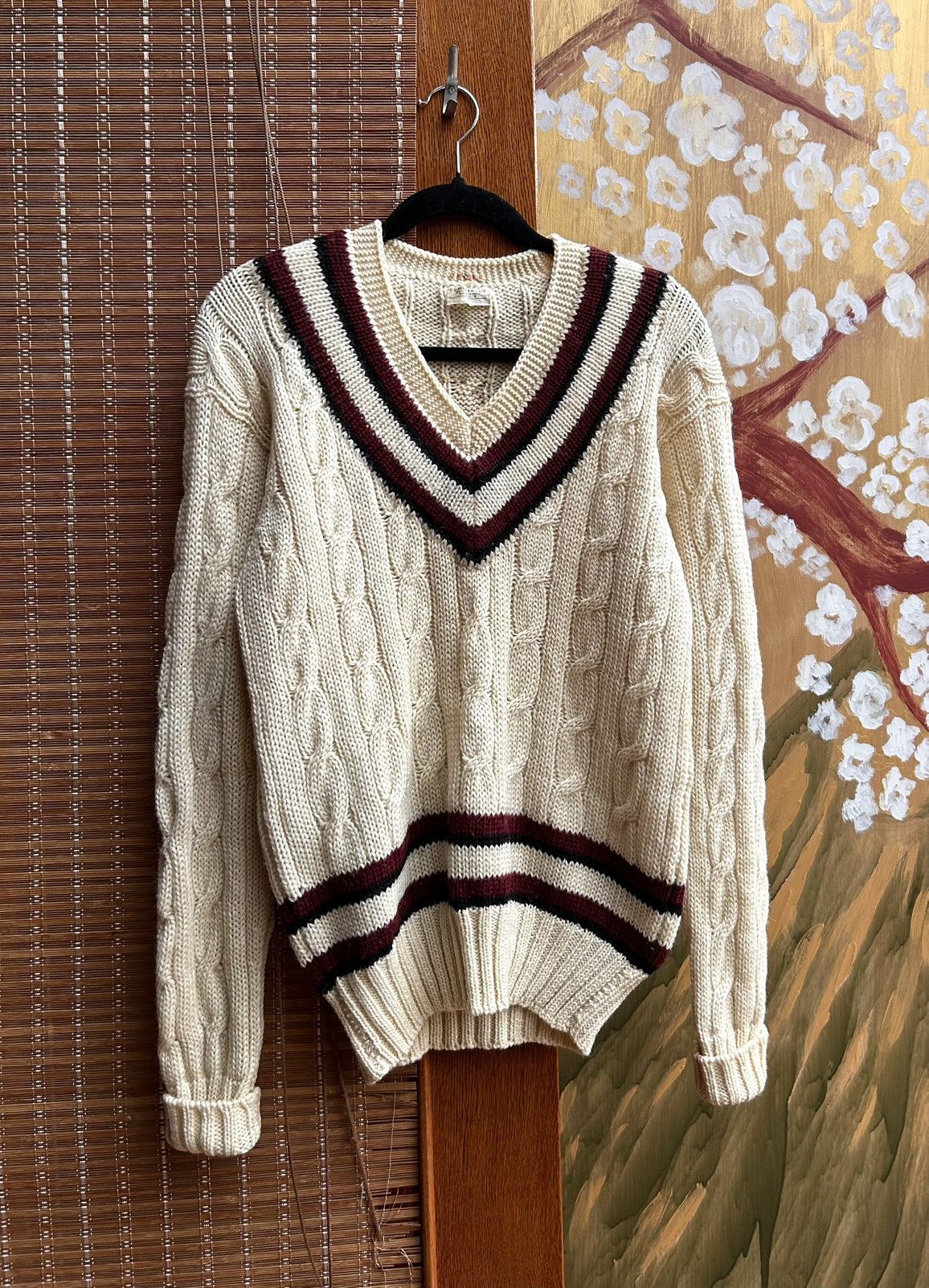 Vintage 40-50s Wool Cable Knit Varsity V-Neck Jumper T.C.Marsh & Son Size US L / EU 52-54 / 3 - 1 Thumbnail