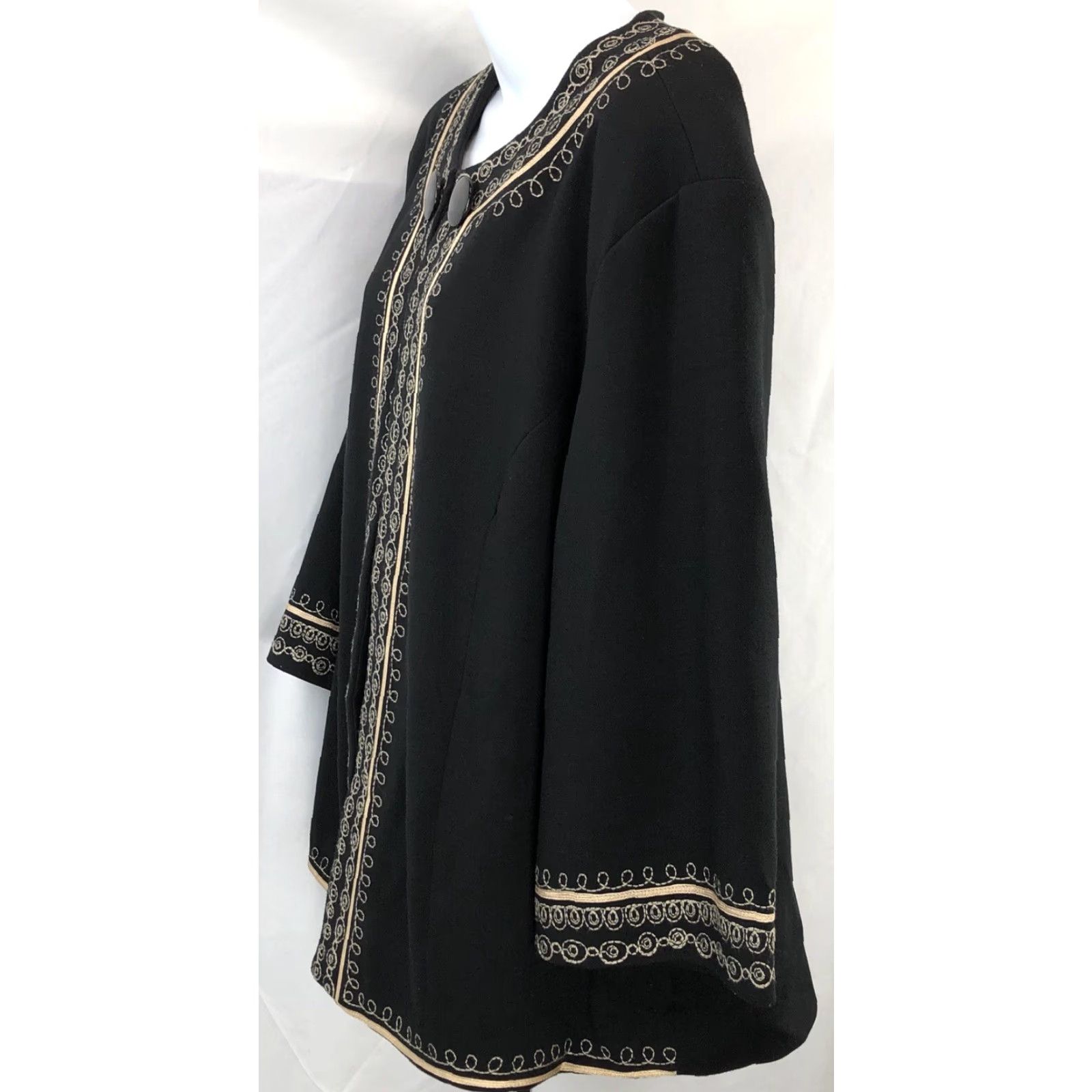 Vintage Lily Stanhope 1X Blk Gold Embroidered 3/4 Sleeve Jacket Wool? No, Poly Rayon Blend | Victorian Kimono Style City Coquette Size XL / US 12-14 / IT 48-50 - 2 Thumbnail