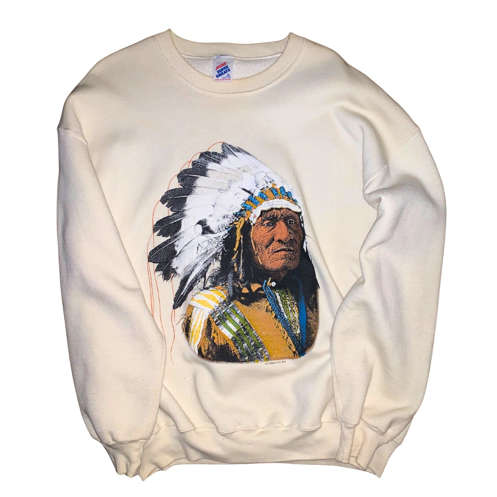 Vintage 90s Native American Graphic Sweatshirt Beige XL Size US L / EU 52-54 / 3 - 1 Thumbnail