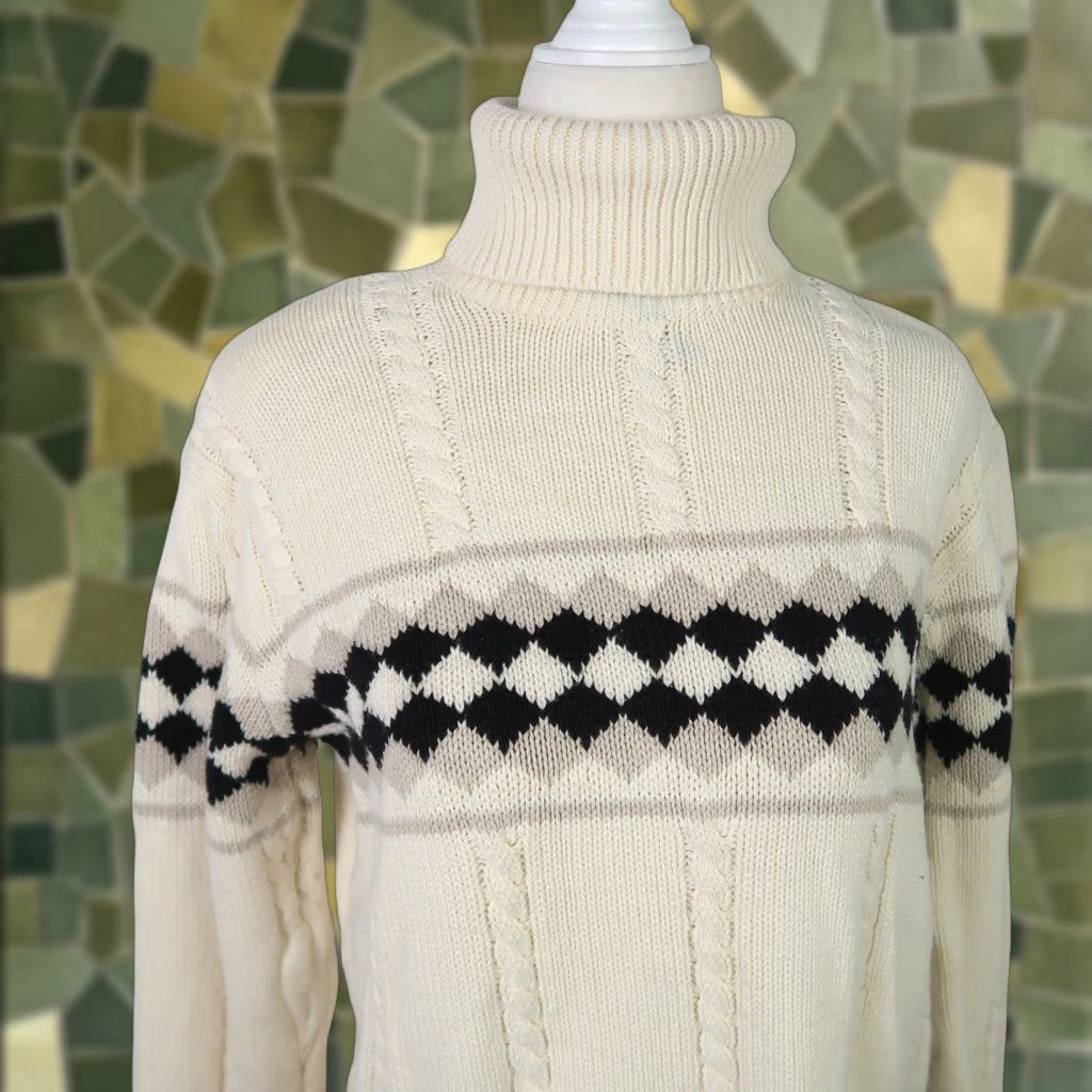 Vintage VINTAGE Jeanne Pierre Cream and Black Diamond Check Cable Knit Turtleneck Sweater M Womens Long Sleeve Knit Cotton 90s Holiday Casual Mens Girls Size M / US 6-8 / IT 42-44 - 1 Thumbnail